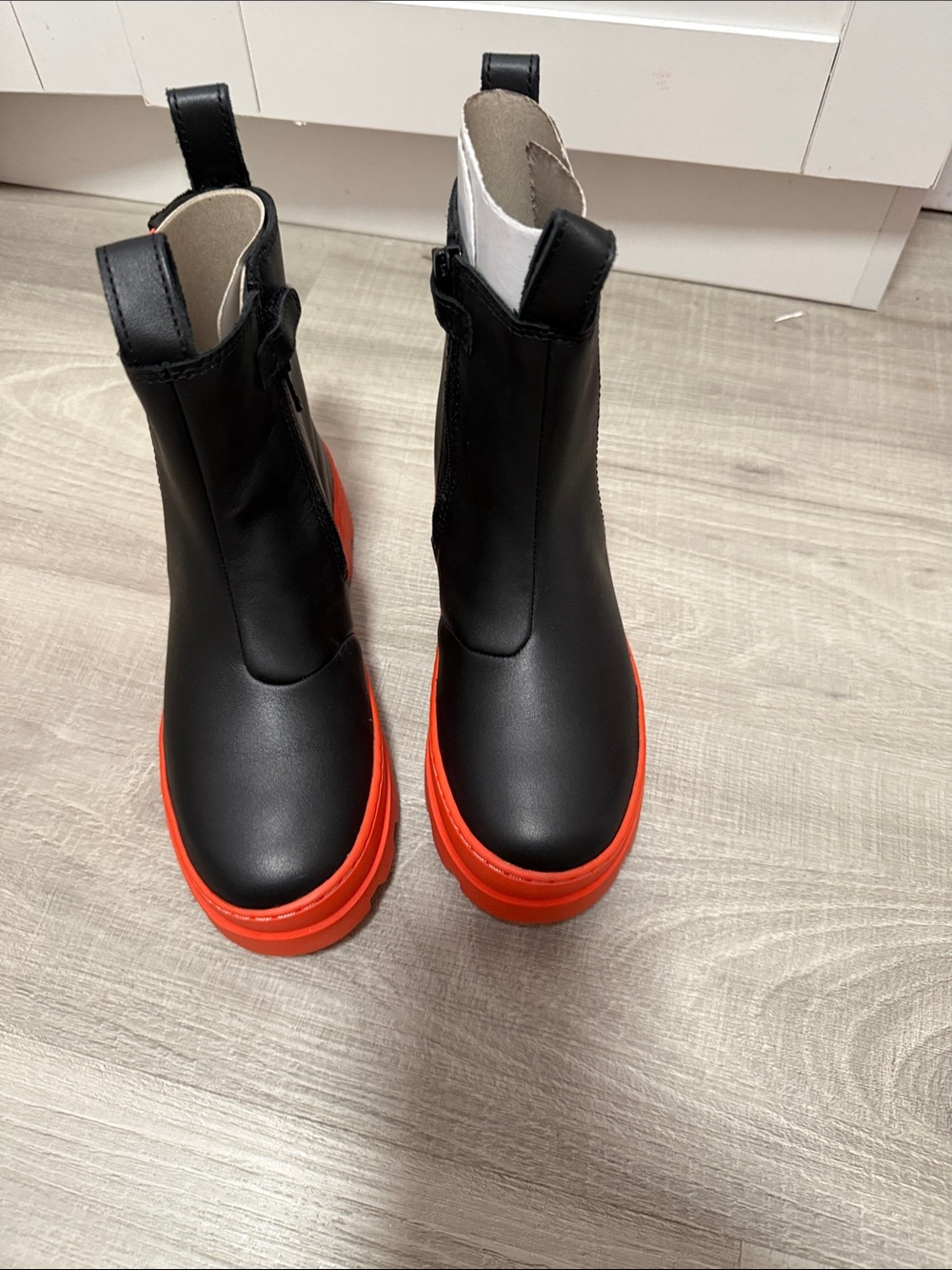 Camper Black Ankle Boots with Bright Orange Platform Sole